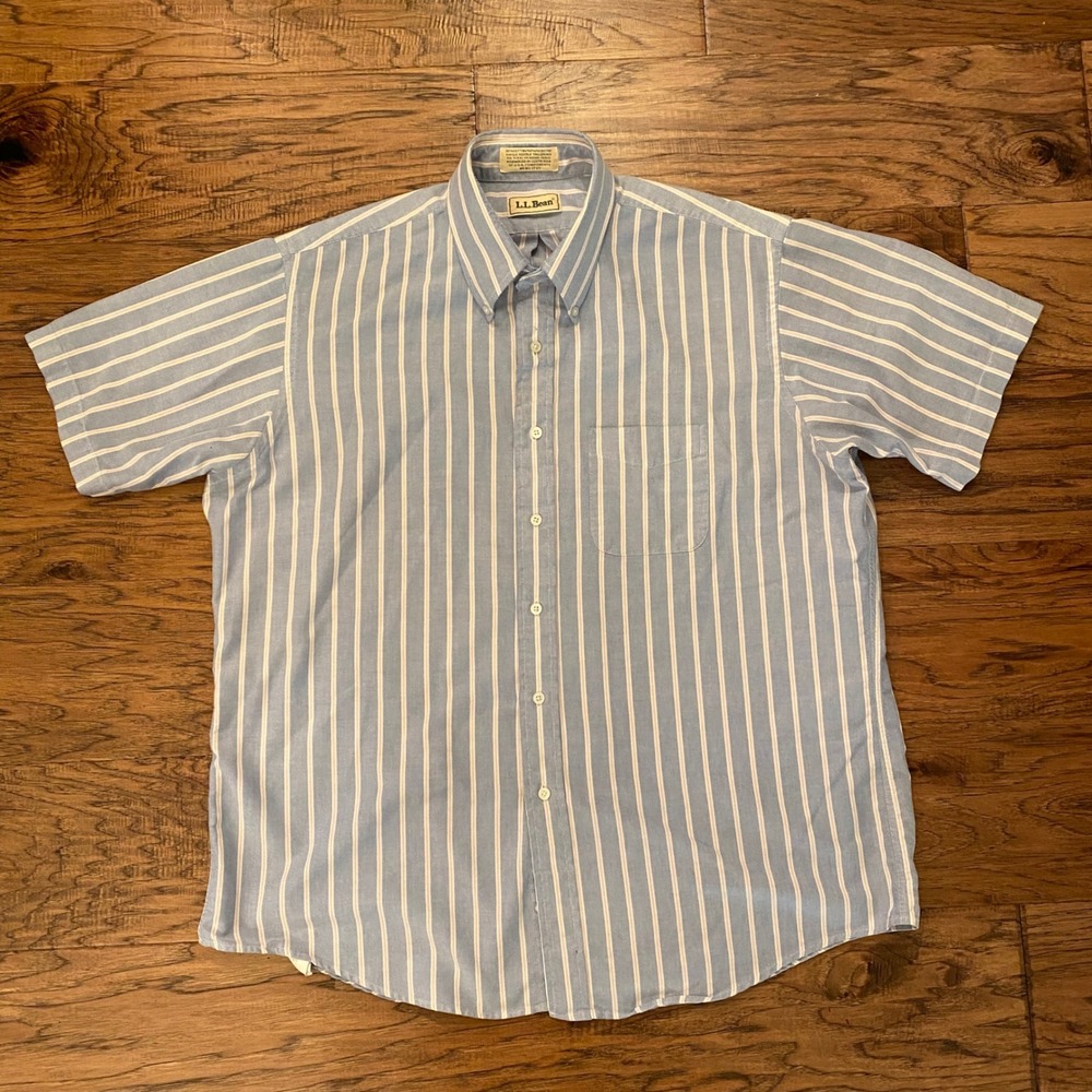 LL Bean Oxford Shirt Mens Sz XL Blue White Striped Short Sleeve Button Down